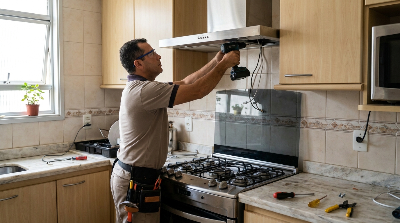 Eletricista instalando coifa em Mogi das Cruzes‑SP